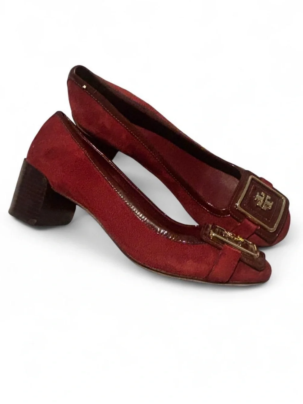 Tory Burch Size 7.5M Burgundy Suede Gorgeous Logo Square-Buckle Flats